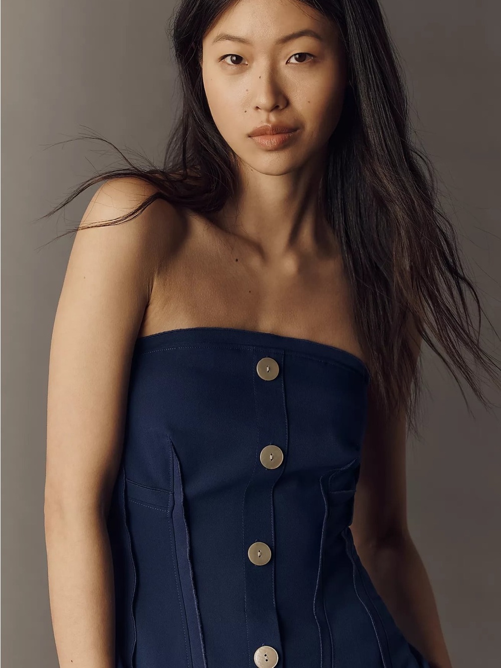 Anthropologie Navy Strapless Button-Front Dress